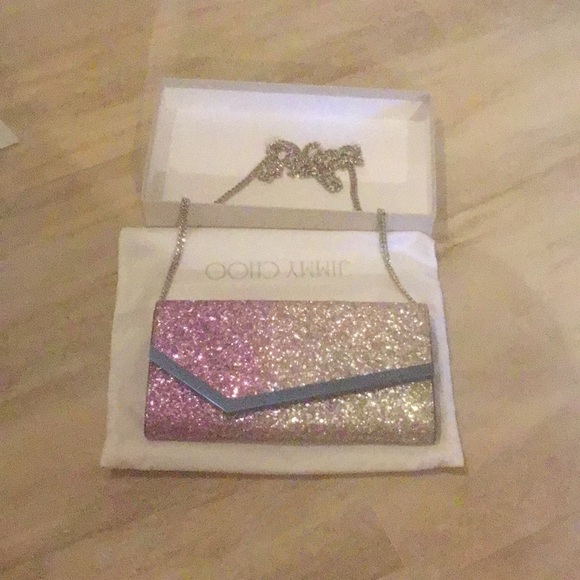 Jimmy Choo Dual Coarse Glitter Emmie Clutch With Chain (Platinum & Pink Violet) - Picture 1 of 15